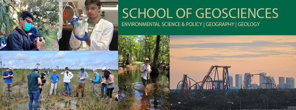 Collage image of the various departments of the School of Geosciences.