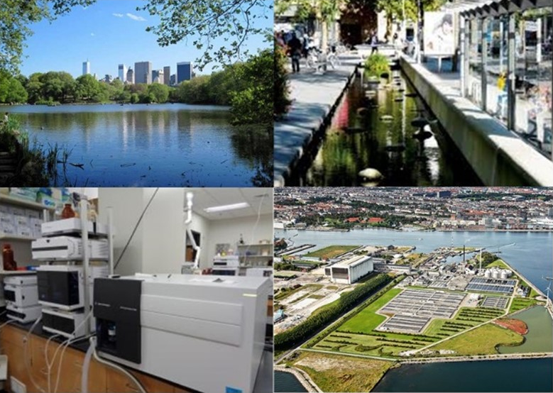 four image collage: one shows a photo of the landscapem a second of a pond in a garden, third is electric appliances and fourth is a photo of a solar grid