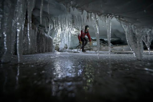 Jason Gulley navigates cave in Nepal's Ngozumpa Glacier