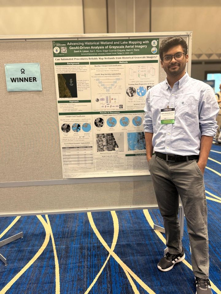 Zamil standing next to his award winning poster at UF Water Institute Conference 