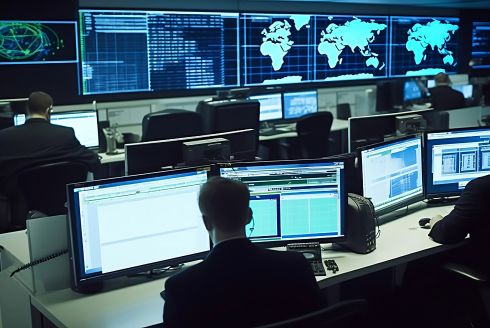room with many computer monitors monitoring news