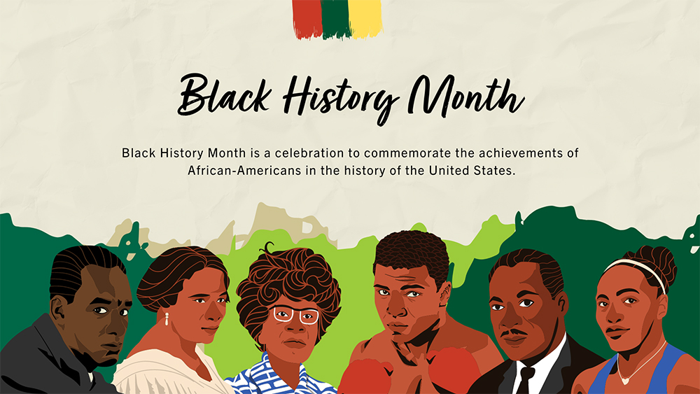 Black History Month banner with illustrations of Black artists