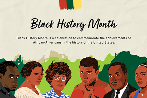 Black History Month banner with illustrations of Black artists