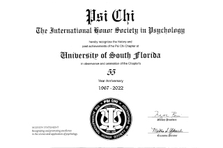 Psi Chi 55 year recognition certificate