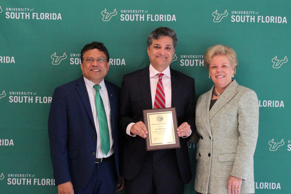 Dr. Farhadi with President Rhea Law & Provost Dr. Prasant Mohapatra