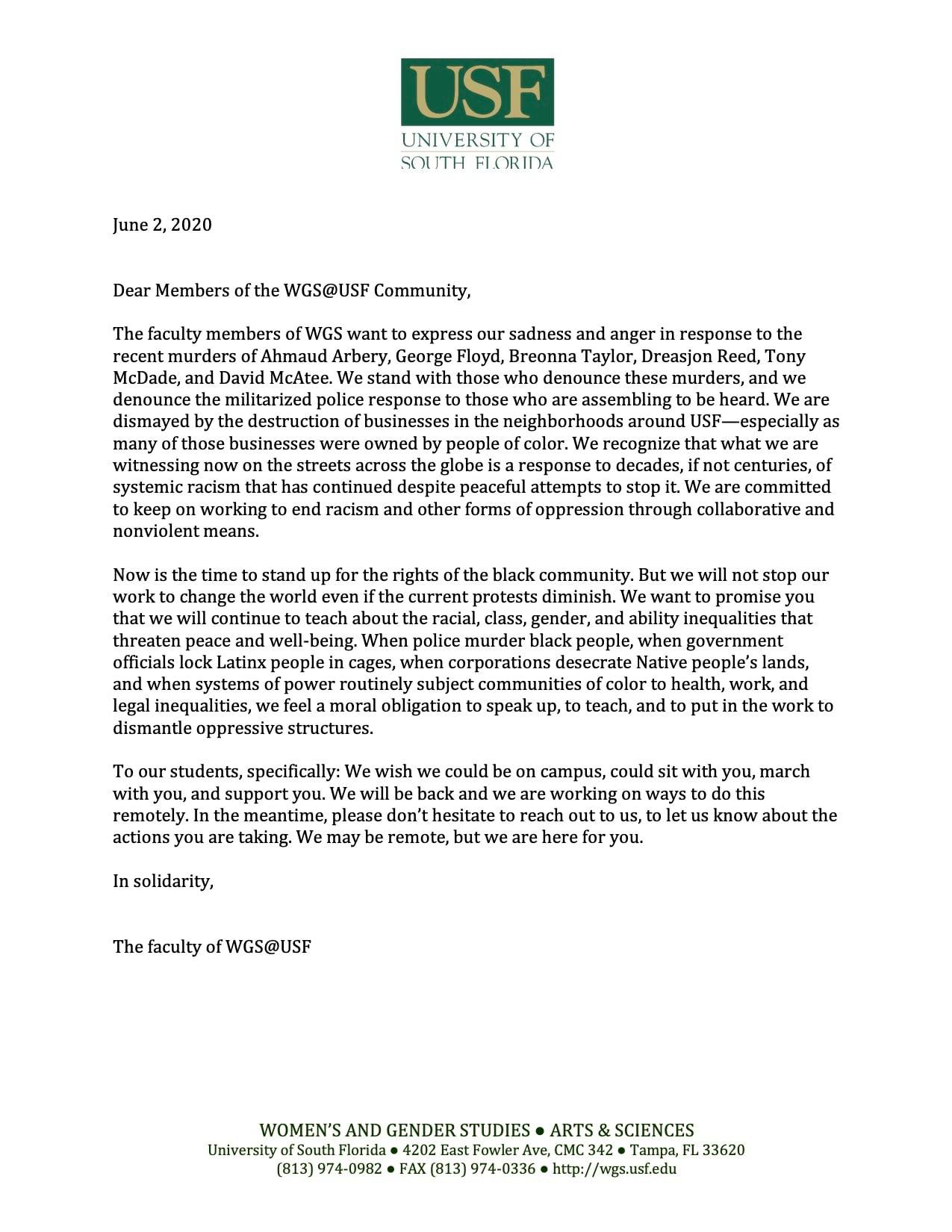 WGS Statement on Black Lives Matter protests