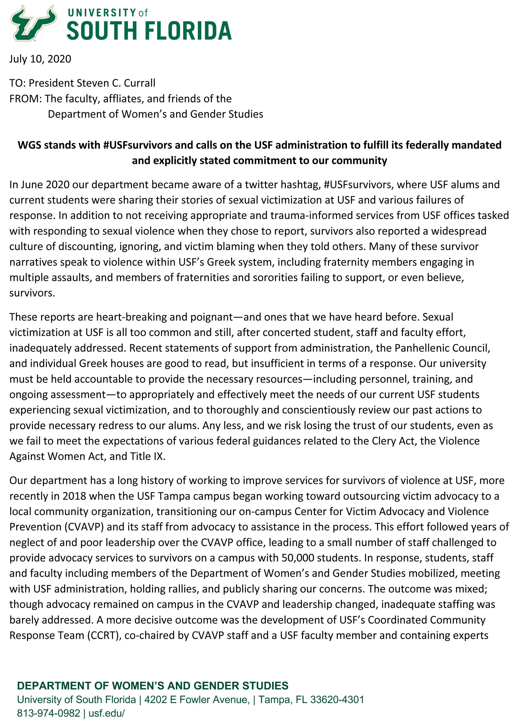 Statement on #USFSurvivors, page 1