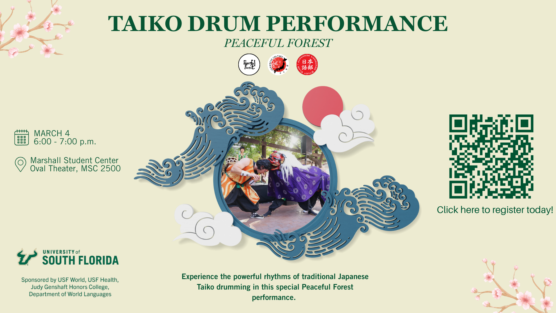 taiko drum performance flyer and registration