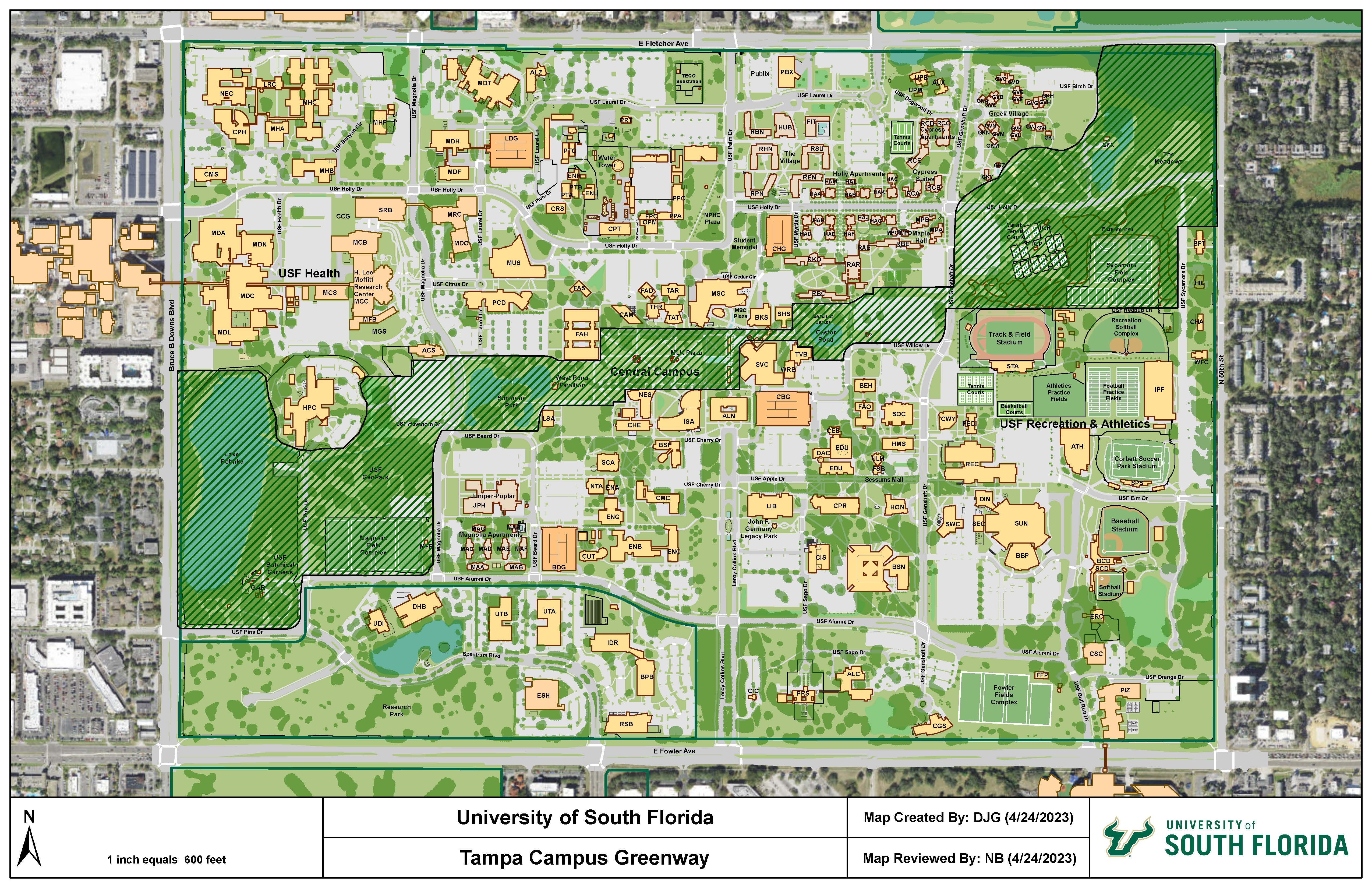 map of the USF campus highlighting the greenway. 