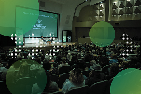 audience at speaker event with graphic illustration