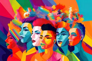 illustration of faces with rainbow background