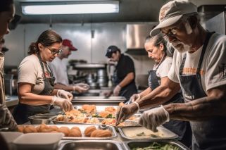 workers preparing food in a kitchen