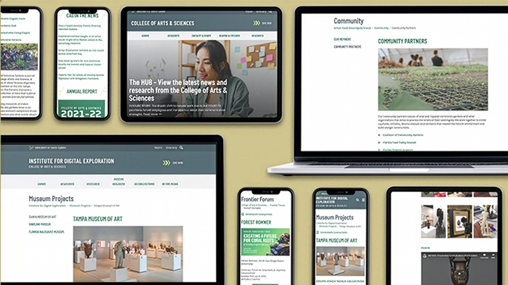 USF College of Arts and Sciences web pages displayed across a desktop monitor, laptop, tablet, and four phone screens.