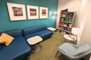 Reading room with blue couch and bookshelf