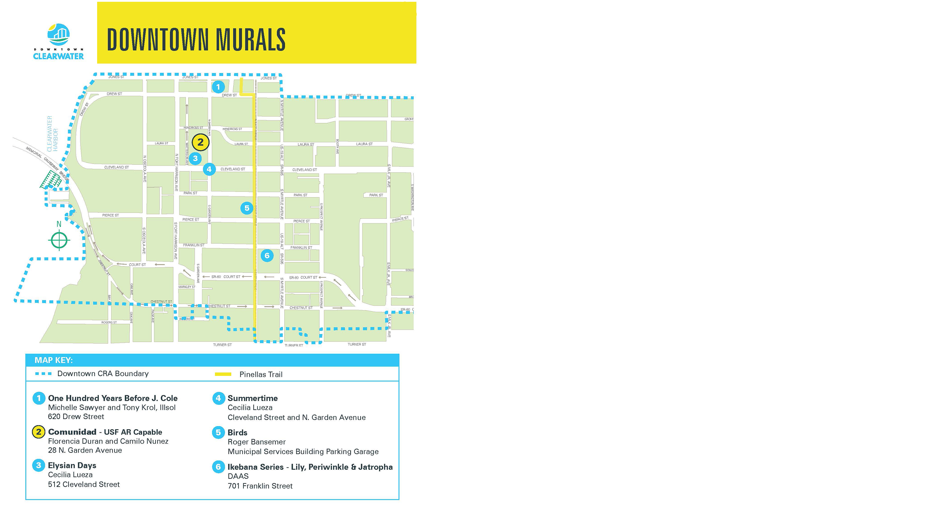 Map of Clearwater's downtown murals