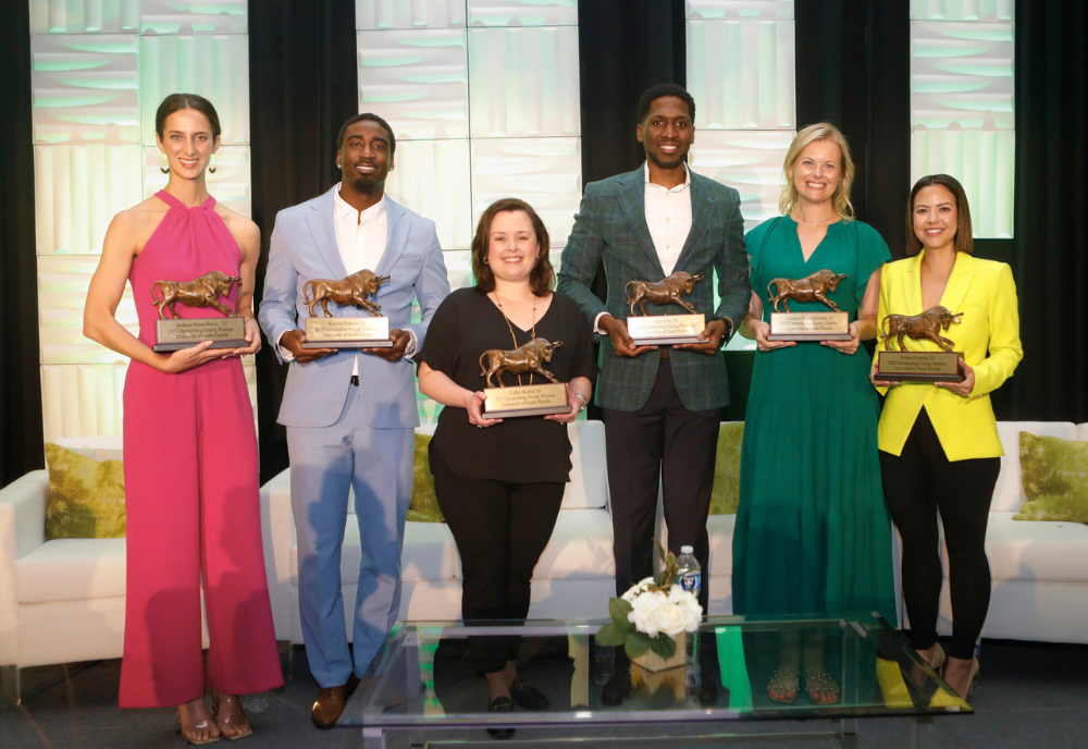Outstanding Young Alumni Awardees (from left): Jordann Windschauer, Chris Fils, Catlin Skufca, Kayvon Webster, Candace Braun Davison, and Kristen Corpion. (Photo Courtesy of USF Alumni Association)