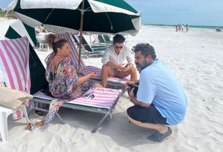 Actors Justina Machado (left) and Gregg Sulkin (middle) chatting with director, Mario Garcia (right). (Photo courtesy of Mario Garcia)