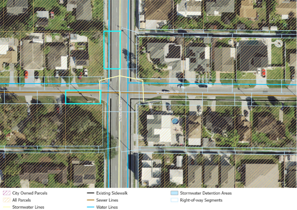 GIS mapping helps to identify potential tree planting locations, taking into consideration parcel type, infrastructure, and right-of-way. (Image courtesy of Shawn Landry)