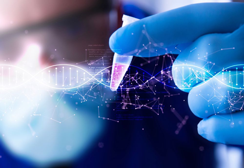 person holding test tube with double helix illustration behind