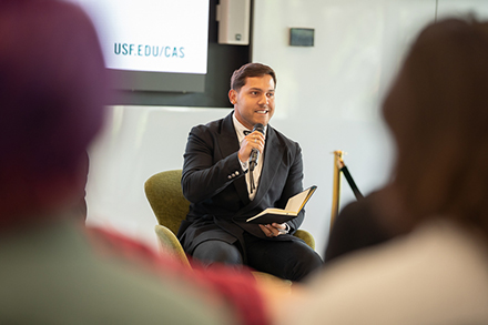 Rios shared his experience and recommendations for the application and hiring process to work for the foreign service. (Photo by Corey Lepak)