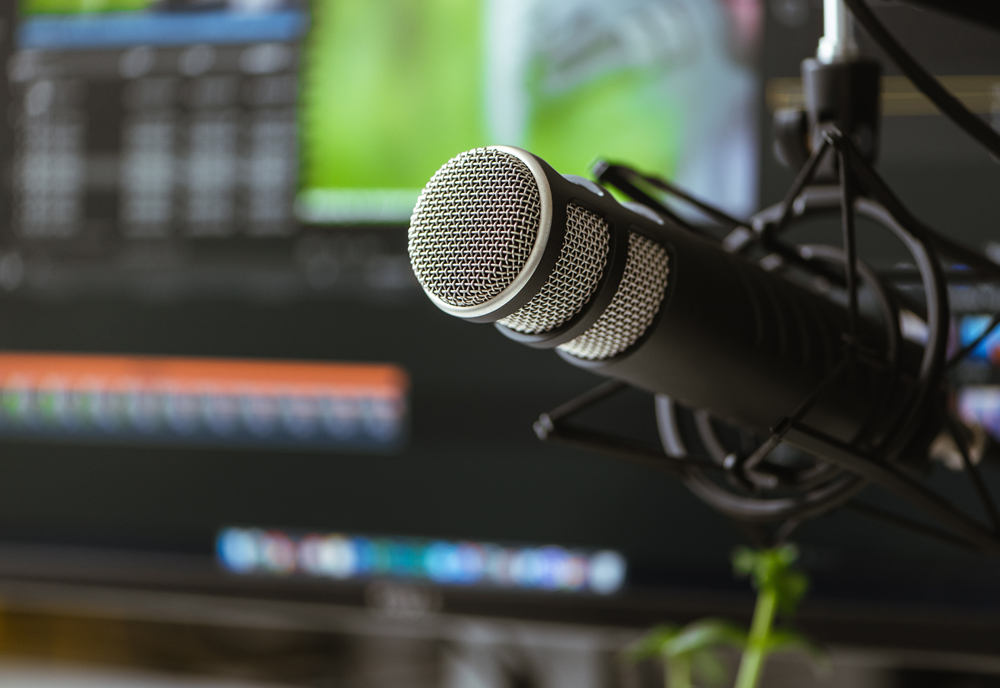 studio microphone setup with recording equipment