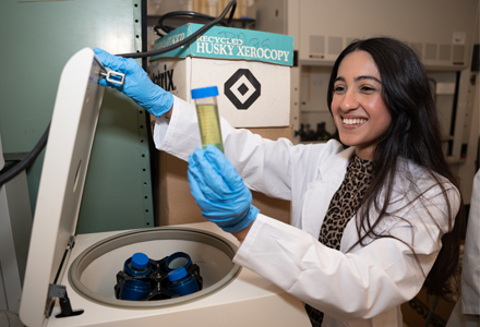 Riva Nathani with a sample of TiO2 (Titanium dioxide) enhanced with a gel extract from a cactus which its scientific name is called Opuntia Ficus Indica. (Photo by Corey Lepak)