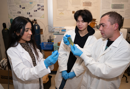 (From left) Riva Nathani, James Ma, and Ivan Martinez Diez-Muro collaborating on their project: “Dark Absorption in Space: Testing Cactus-Modified TiO₂ Beyond Earth.” (Photo by Corey Lepak)