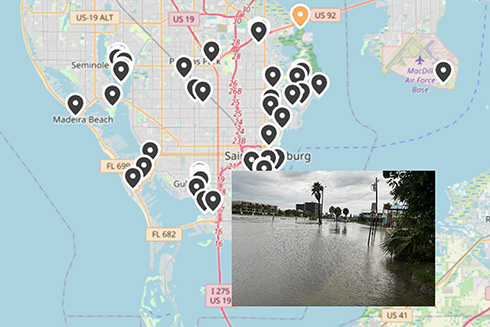 map of flood locations with inset photo of flooded street