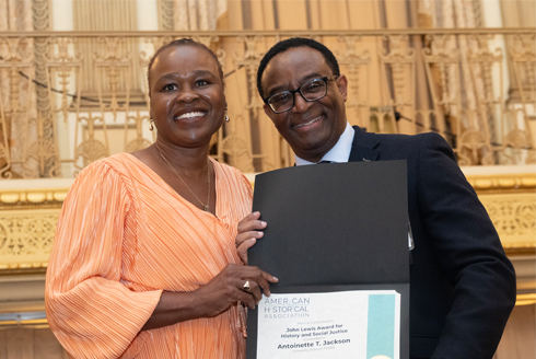 Dr. Jackson received the John Lewis Award for History and Social Justice from the American Historical Association at its annual meeting in Chicago, Il in January. (Photo courtesy of Dr. Jackson)