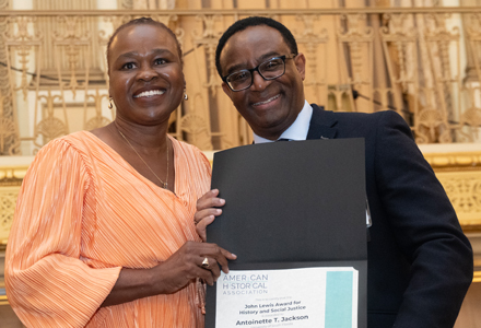 Dr. Jackson received the John Lewis Award for History and Social Justice from the American Historical Association at its annual meeting in Chicago, Il in January. (Photo courtesy of Dr. Jackson)