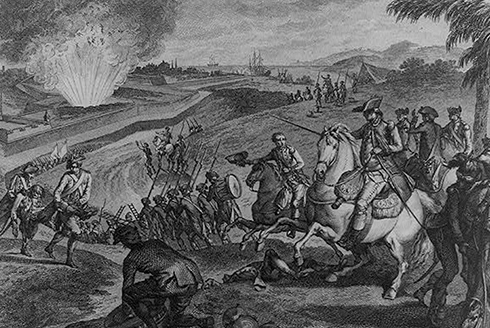 18th-century engraving depicting a military siege with soldiers, cavalry, and an explosion at a fortification
