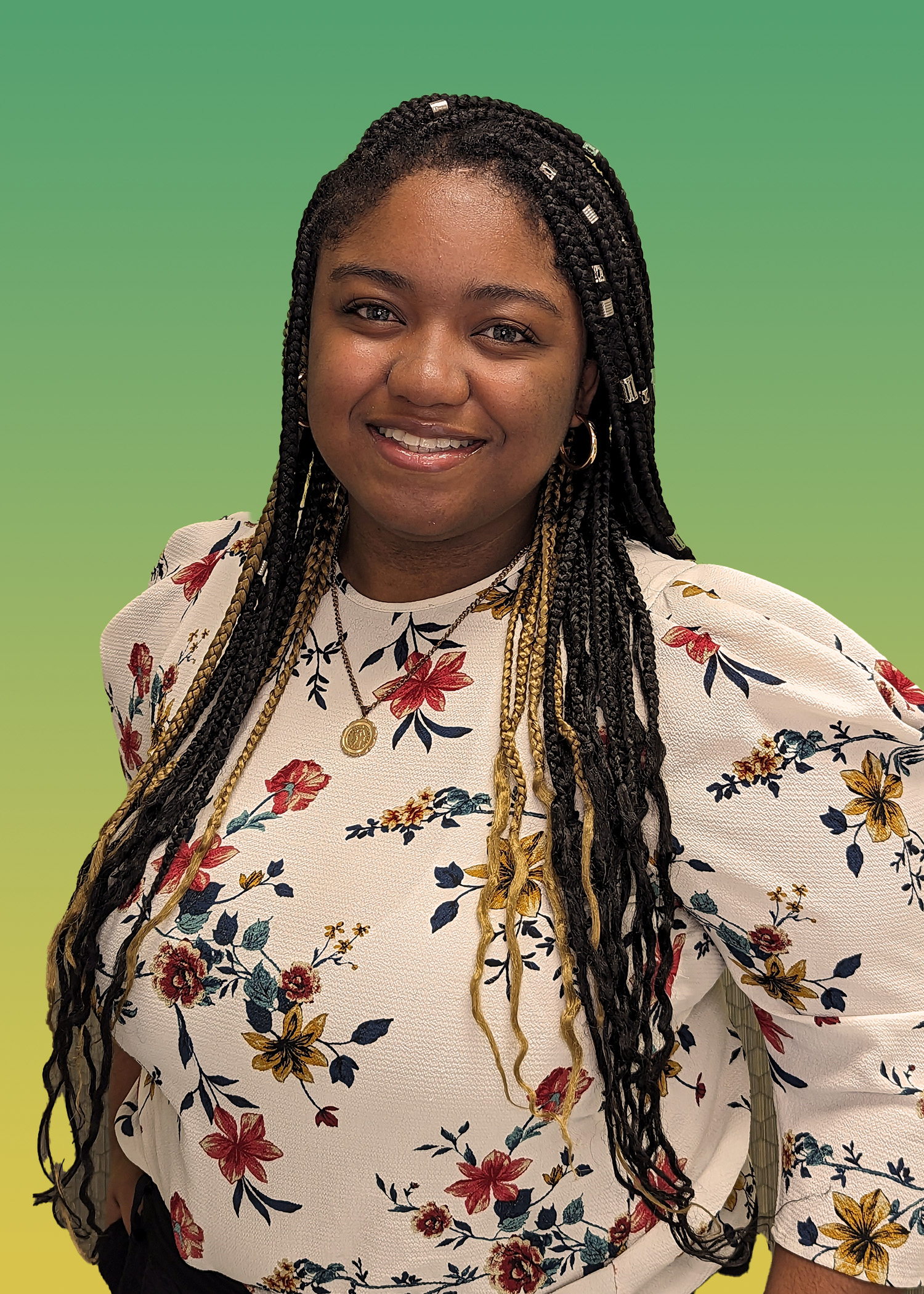 Portrait of Jazsmin Haynes in Floral Shirt.