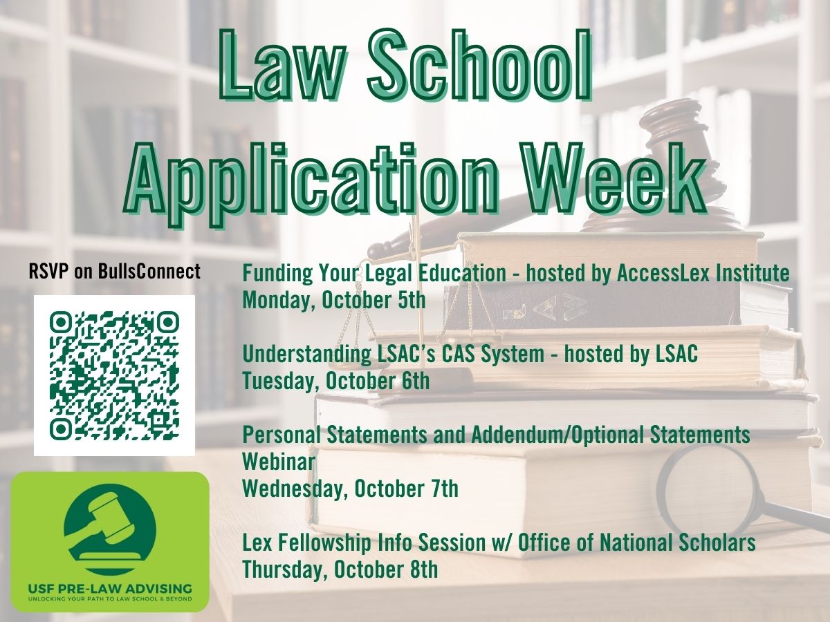Flyer for Law School Application Week Events with QR Code to RSVP.