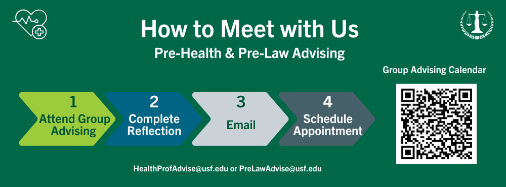 Image with How to Meet with a Pre-Health & Pre-Law Advising advisor. Picture of a QR code for Group Advising Calendar website. 