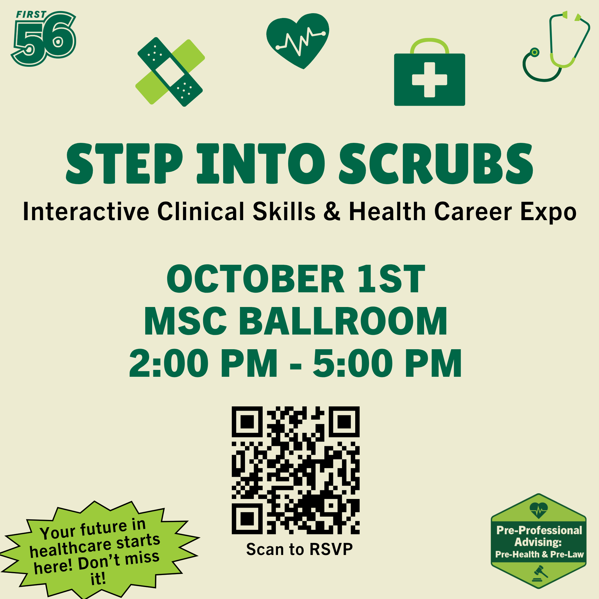 Flyer for Step into Scrubs event with QR Code to RSVP.