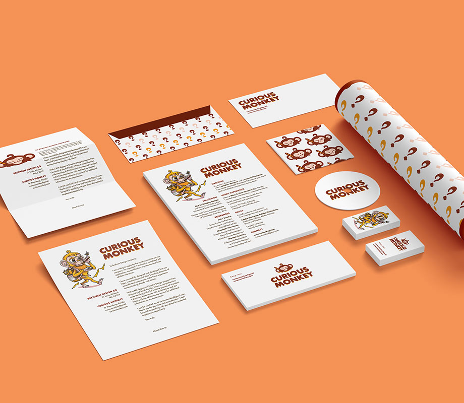 Khanh Le, 2019 Graduate: Graphic Design work for a concept called Curious Monkey, featuring a mustard yellow monkey with a brown font logo. Set includes stickers, envelopes, stationery.