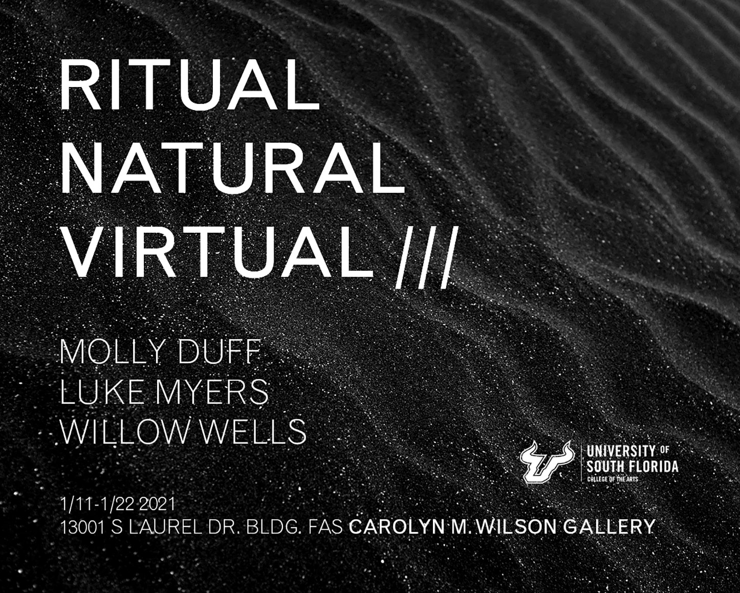 "Ritual Natural Virtual III" in white text over black sand