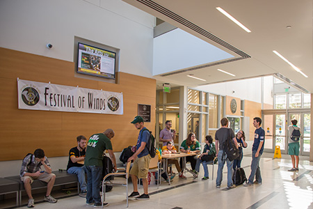 Students outside the School of Music offices.