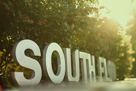 South Florida sign in front of the ALN building on the USF Tampa Campus