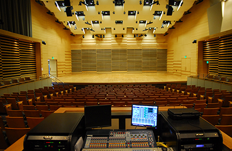 View of Concert Hall stage from tech booth.