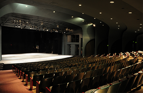 View of stage and audience seating from back of Theatre 1.