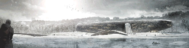 rendering for M.K. Ciurlionis Concert Centre by USF alumni and collaborators near frozen river in winter
