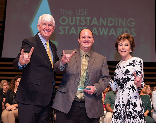 Ralph Wilcox, Jason Bombaugh, and Judy Genshaft at the 2019 Oustanding Staff Awards