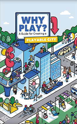 cover of book with illustration of people playing in an urban environment