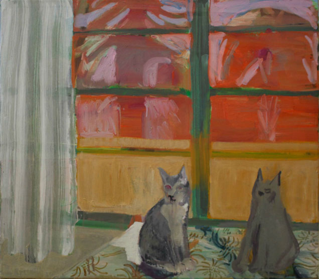 Ezra Johnson, Bubu and Alba, 2021, oil on linen, 24" x 27. Painting shows two cats sitting in front of a window facing inward" 