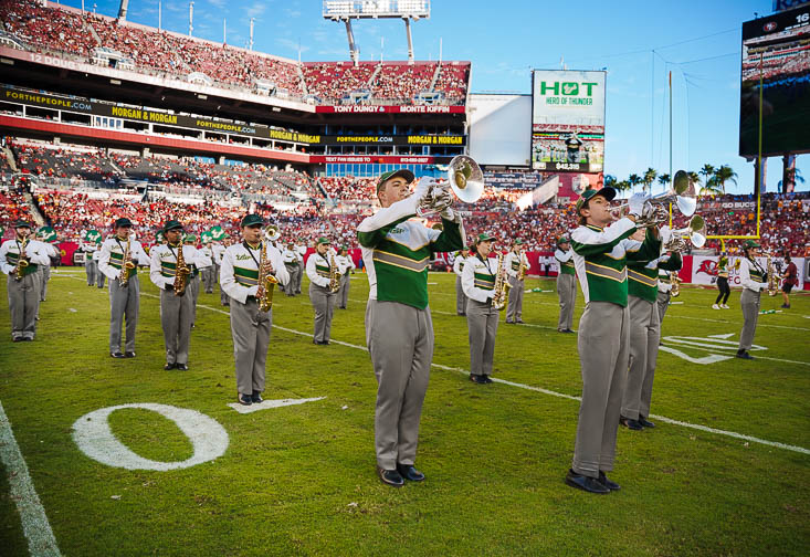 Members of the Herd of Thunder play at Raymond James Stadium during the Bucs vs 49ers game.