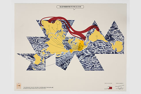 Yellow world map printed over a blue wood-like texture pattern.