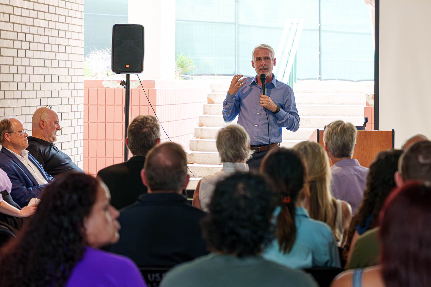 Michael Halflants speaking at the HMS Architecture building. Photo by Bryce Womeldurf.