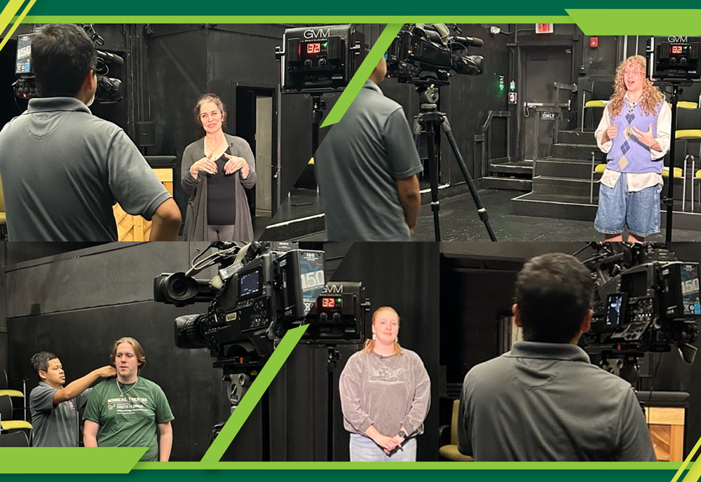 Fox13 photojournalist Barry Wong interviewing The Lightning Thief Director Michelle Hache, stage manager Aurora Peugh, lead actor Sam Lipsey, and assistant fight director Seth Henley-Beasley. 