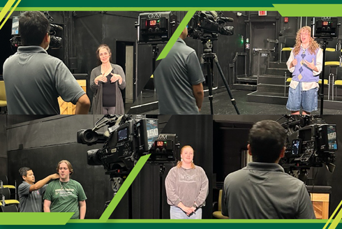Fox13 photojournalist Barry Wong interviewing The Lightning Thief Director Michelle Hache, stage manager Aurora Peugh, lead actor Sam Lipsey, and assistant fight director Seth Henley-Beasley. 